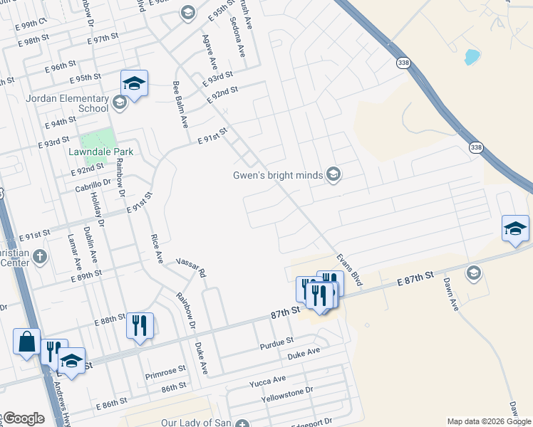 map of restaurants, bars, coffee shops, grocery stores, and more near 9001 Evans Boulevard in Odessa