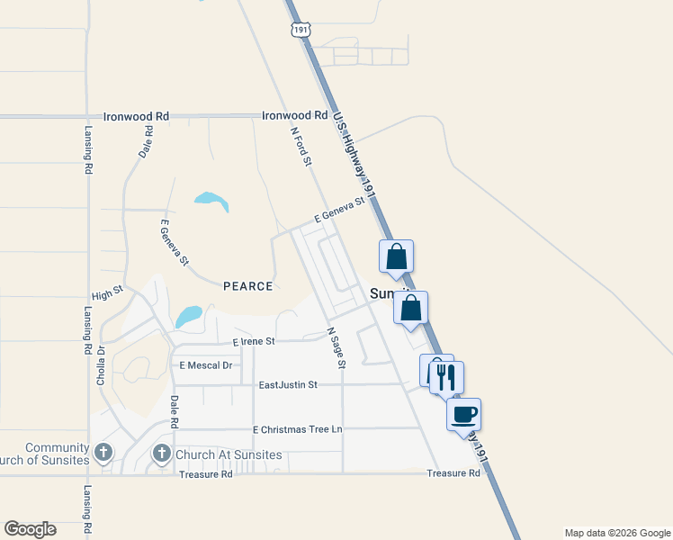 map of restaurants, bars, coffee shops, grocery stores, and more near 314 East Flynn Jans Court in Sunsites