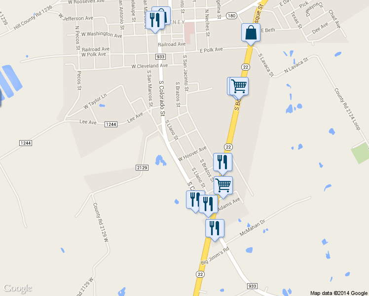map of restaurants, bars, coffee shops, grocery stores, and more near 405 South Llano Street in Whitney