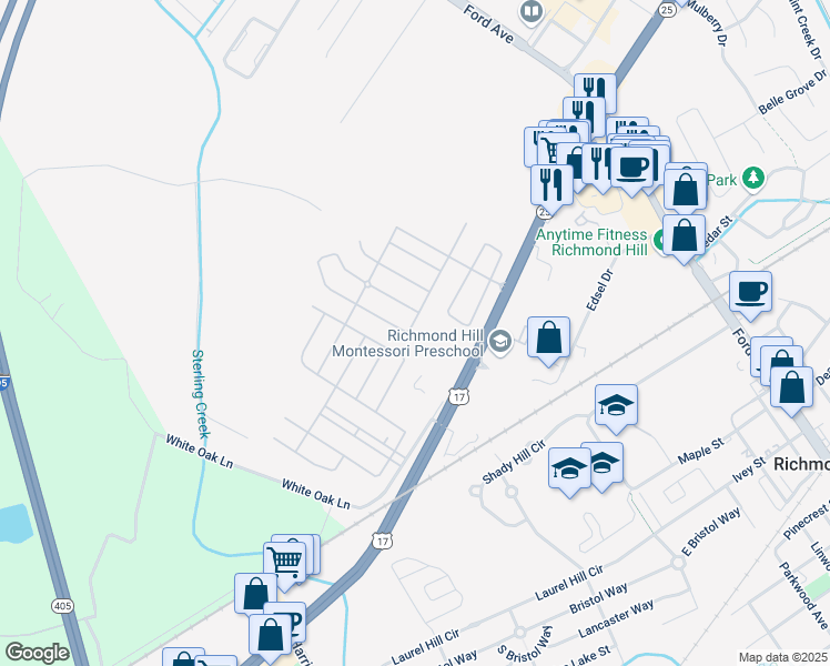 map of restaurants, bars, coffee shops, grocery stores, and more near 145 Red Oak Drive in Richmond Hill