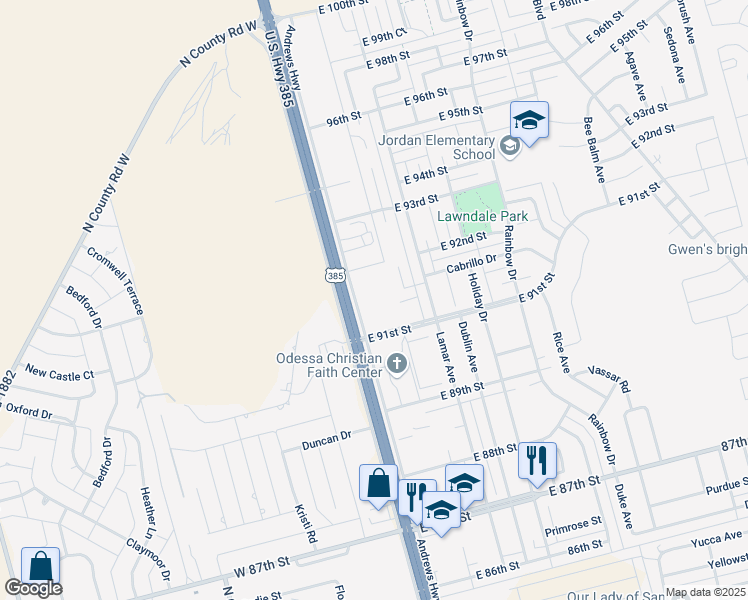 map of restaurants, bars, coffee shops, grocery stores, and more near 9100 Andrews Highway in Odessa