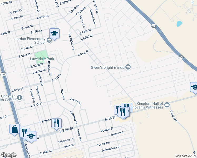 map of restaurants, bars, coffee shops, grocery stores, and more near 9001 Evans Boulevard in Odessa