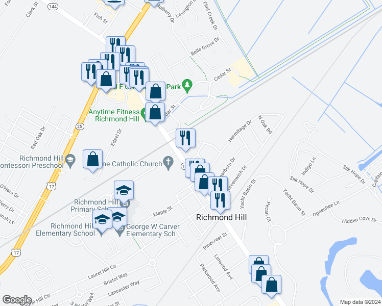 map of restaurants, bars, coffee shops, grocery stores, and more near 51 Hill Road in Richmond Hill