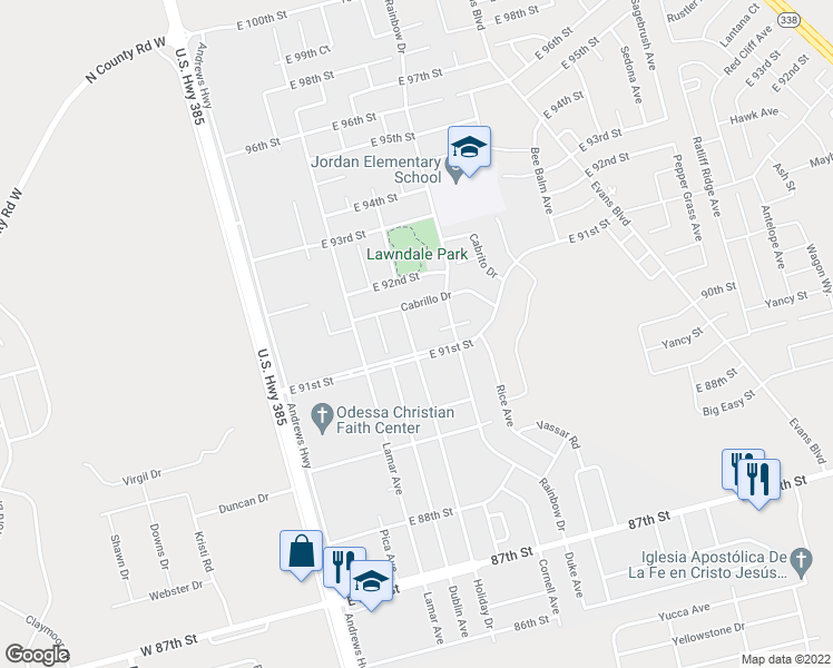 map of restaurants, bars, coffee shops, grocery stores, and more near 9106 Holiday Drive in Odessa