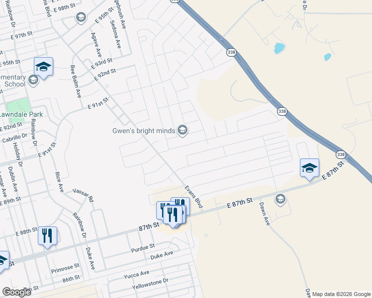 map of restaurants, bars, coffee shops, grocery stores, and more near Evans Boulevard in Odessa