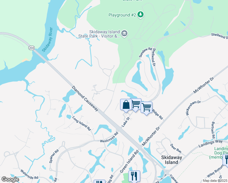 map of restaurants, bars, coffee shops, grocery stores, and more near 18 Skidaway Island Park Road in Savannah