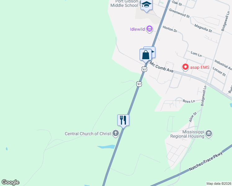 map of restaurants, bars, coffee shops, grocery stores, and more near 1065 Old Colony Road in Port Gibson