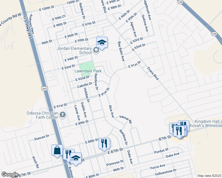 map of restaurants, bars, coffee shops, grocery stores, and more near East 91st Street in Odessa