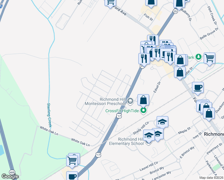 map of restaurants, bars, coffee shops, grocery stores, and more near 590 Canyon Oak Loop in Richmond Hill