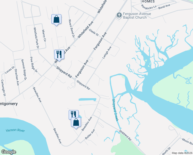 map of restaurants, bars, coffee shops, grocery stores, and more near 6 Shipyard Lane in Savannah