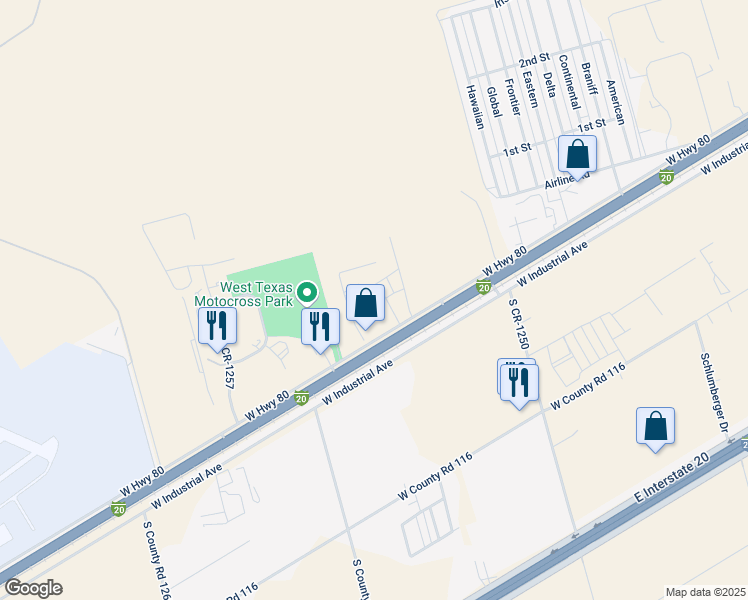 map of restaurants, bars, coffee shops, grocery stores, and more near 7710 West Highway 80 in Midland
