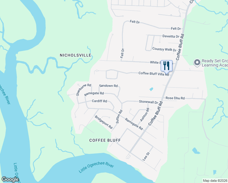 map of restaurants, bars, coffee shops, grocery stores, and more near 11 Ramsgate Road in Savannah