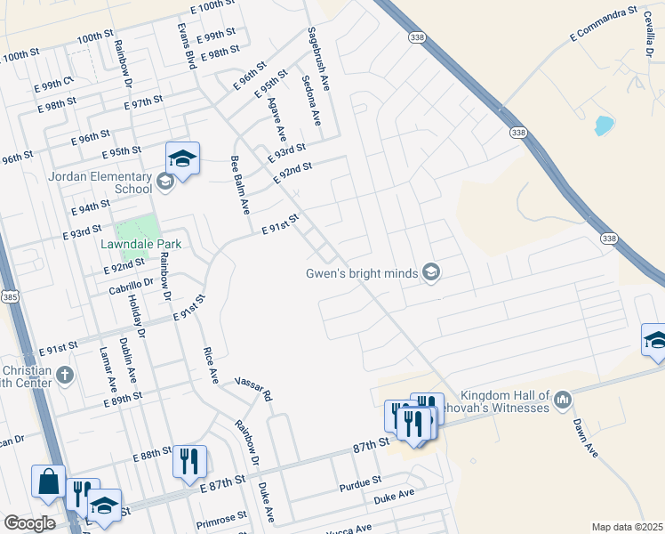 map of restaurants, bars, coffee shops, grocery stores, and more near 9001 Evans Boulevard in Odessa