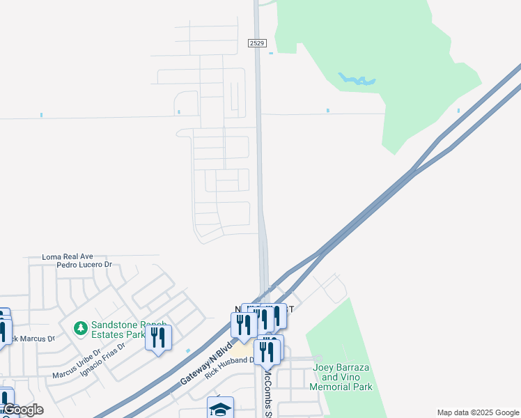 map of restaurants, bars, coffee shops, grocery stores, and more near 11401 McCombs Street in El Paso