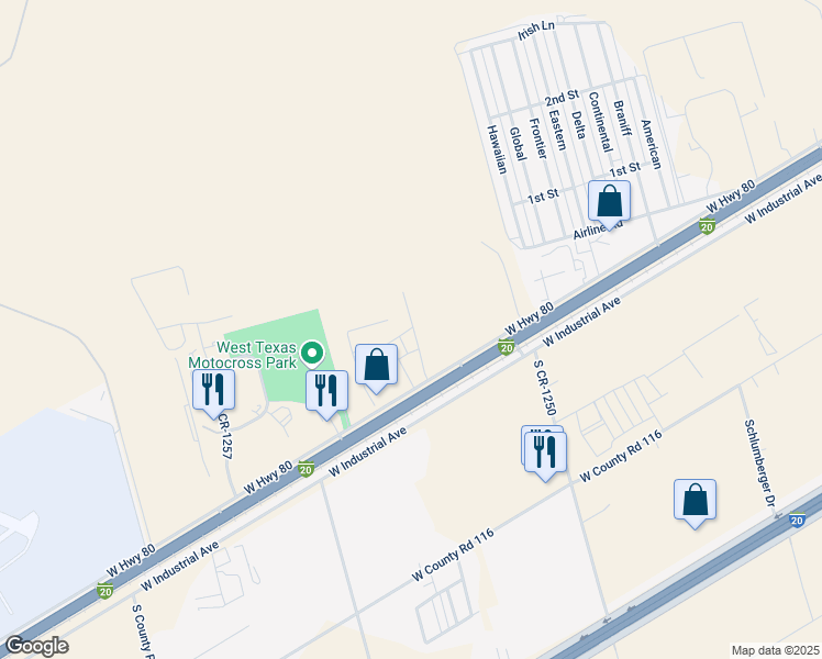 map of restaurants, bars, coffee shops, grocery stores, and more near 7710 West Highway 80 in Midland