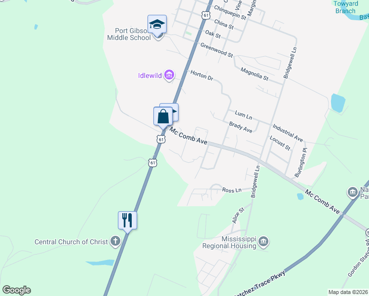 map of restaurants, bars, coffee shops, grocery stores, and more near 198 Mccomb Avenue in Port Gibson