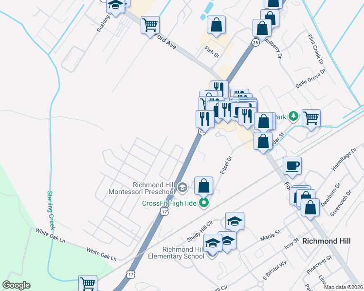 map of restaurants, bars, coffee shops, grocery stores, and more near 200 Canyon Oak Loop in Richmond Hill