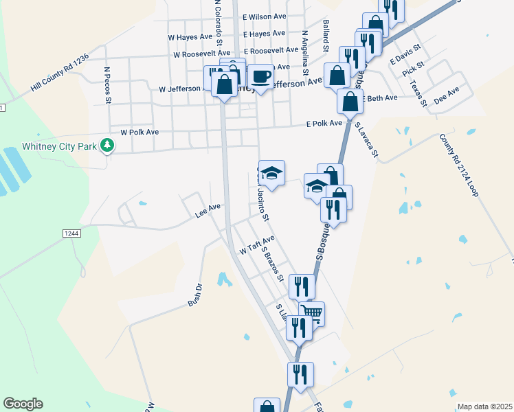 map of restaurants, bars, coffee shops, grocery stores, and more near 224 South San Jacinto Street in Whitney