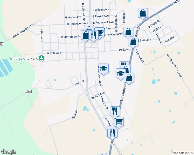map of restaurants, bars, coffee shops, grocery stores, and more near 224 South San Jacinto Street in Whitney