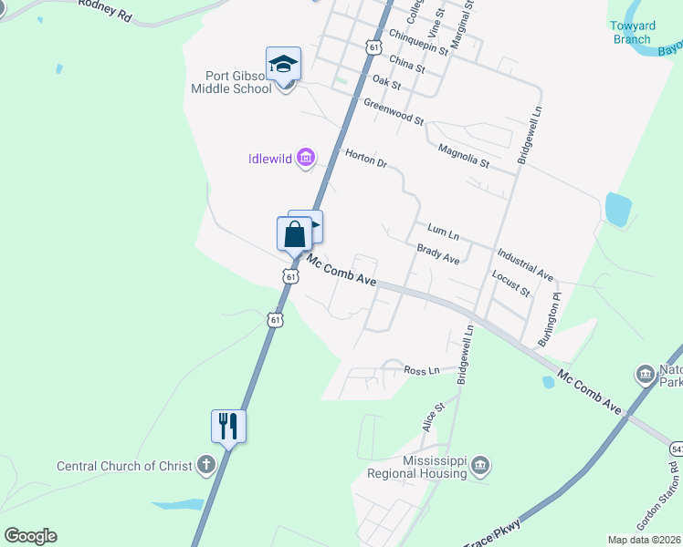 map of restaurants, bars, coffee shops, grocery stores, and more near 126-198 Mccomb Ave in Port Gibson