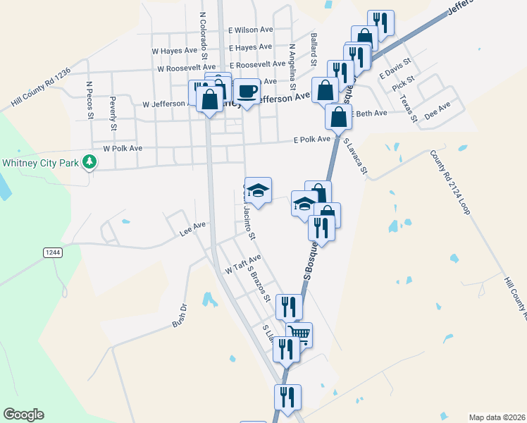 map of restaurants, bars, coffee shops, grocery stores, and more near 308 South Bosque Street in Whitney