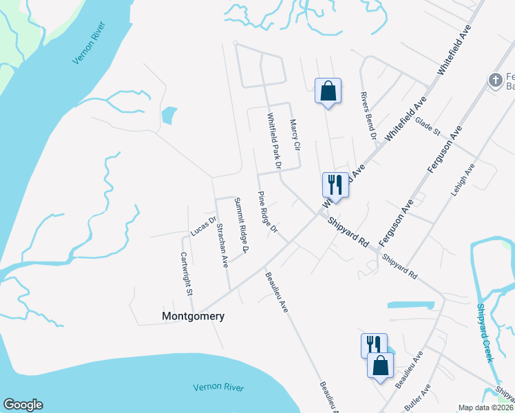 map of restaurants, bars, coffee shops, grocery stores, and more near 1323 Pine Ridge Drive in Savannah