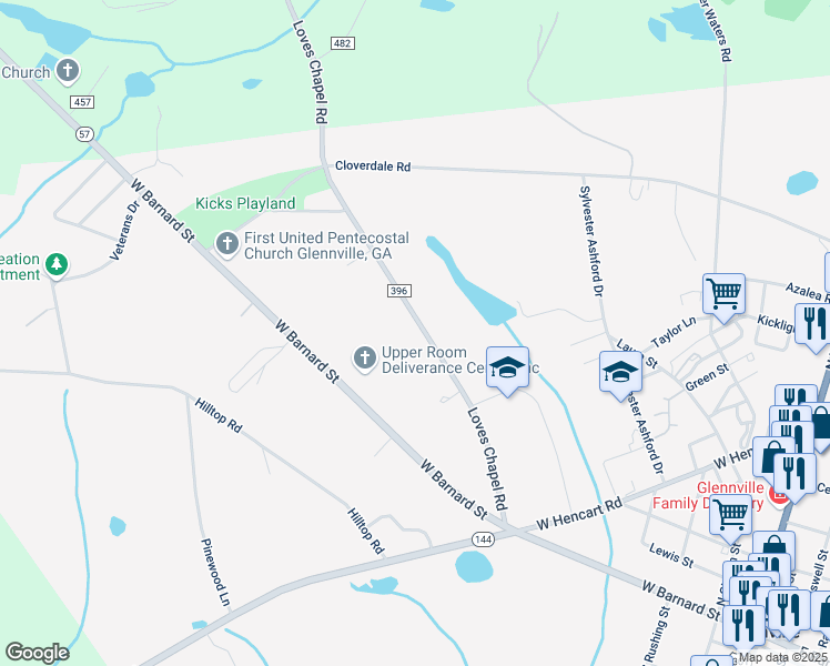 map of restaurants, bars, coffee shops, grocery stores, and more near 675 Loves Chapel Road in Glennville