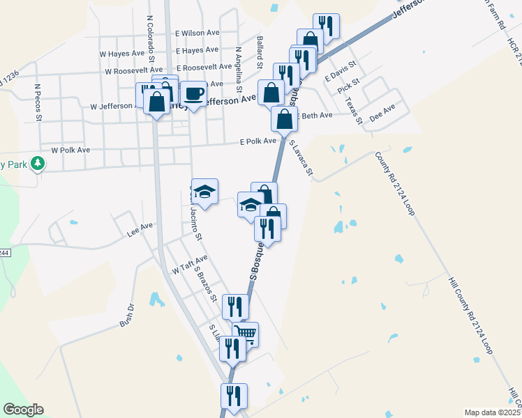 map of restaurants, bars, coffee shops, grocery stores, and more near 306 South Bosque Street in Whitney