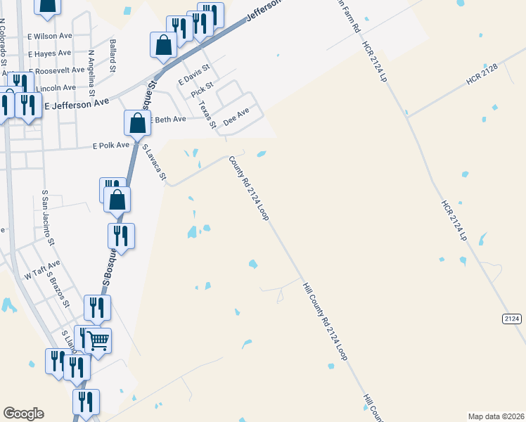 map of restaurants, bars, coffee shops, grocery stores, and more near County Road 2124 Loop in Whitney