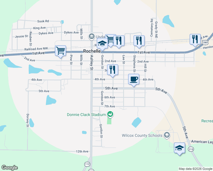 map of restaurants, bars, coffee shops, grocery stores, and more near 586 Gordon Street in Rochelle