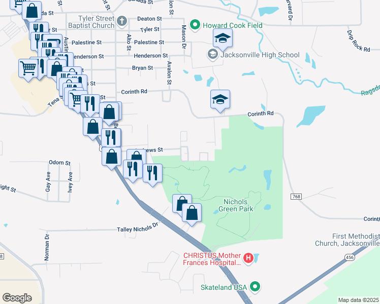 map of restaurants, bars, coffee shops, grocery stores, and more near 1302 Jacksonville Drive in Jacksonville