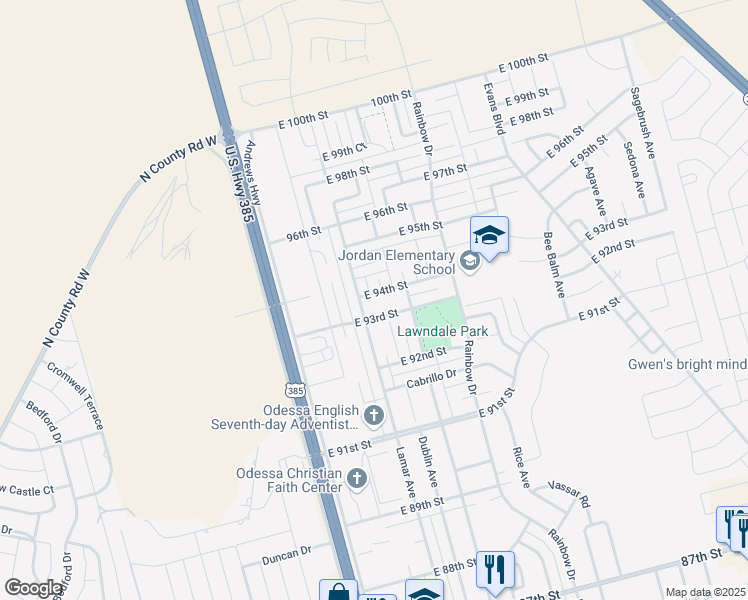 map of restaurants, bars, coffee shops, grocery stores, and more near 304 East 94th Street in Odessa