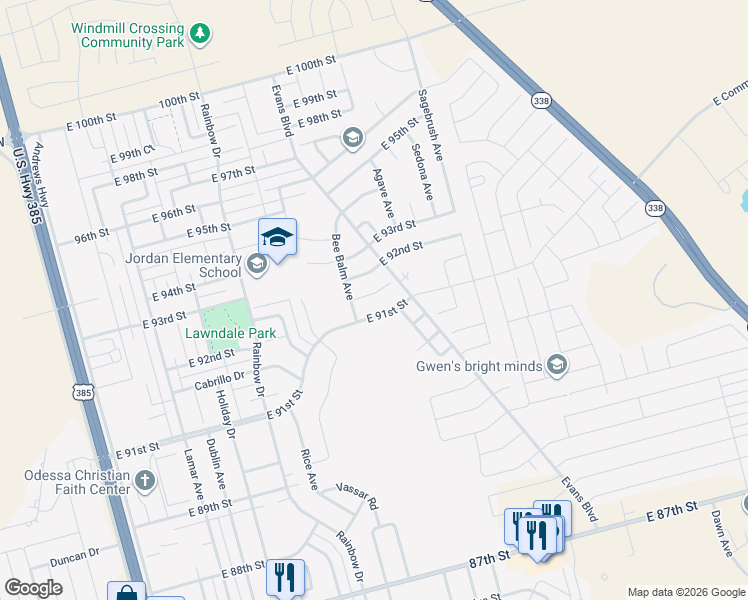 map of restaurants, bars, coffee shops, grocery stores, and more near 814 Brittlebush Court in Odessa