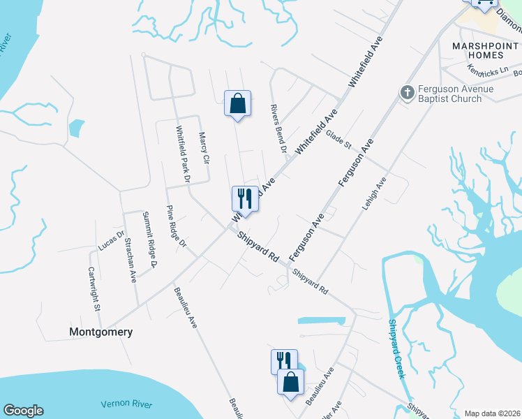 map of restaurants, bars, coffee shops, grocery stores, and more near 9852 Whitefield Avenue in Savannah
