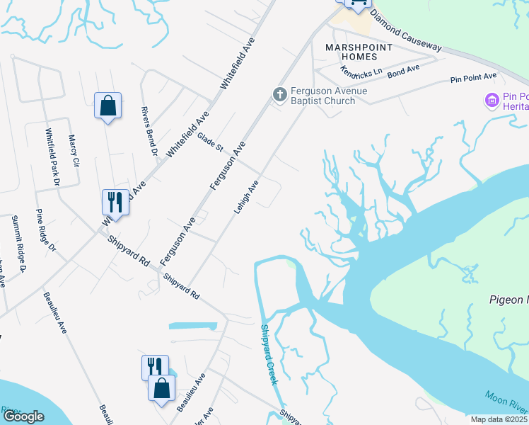 map of restaurants, bars, coffee shops, grocery stores, and more near 122 Full Moon Lane in Savannah