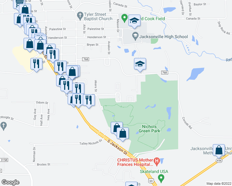 map of restaurants, bars, coffee shops, grocery stores, and more near 1308 Jacksonville Drive in Jacksonville