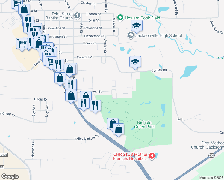 map of restaurants, bars, coffee shops, grocery stores, and more near Jacksonville Drive in Jacksonville