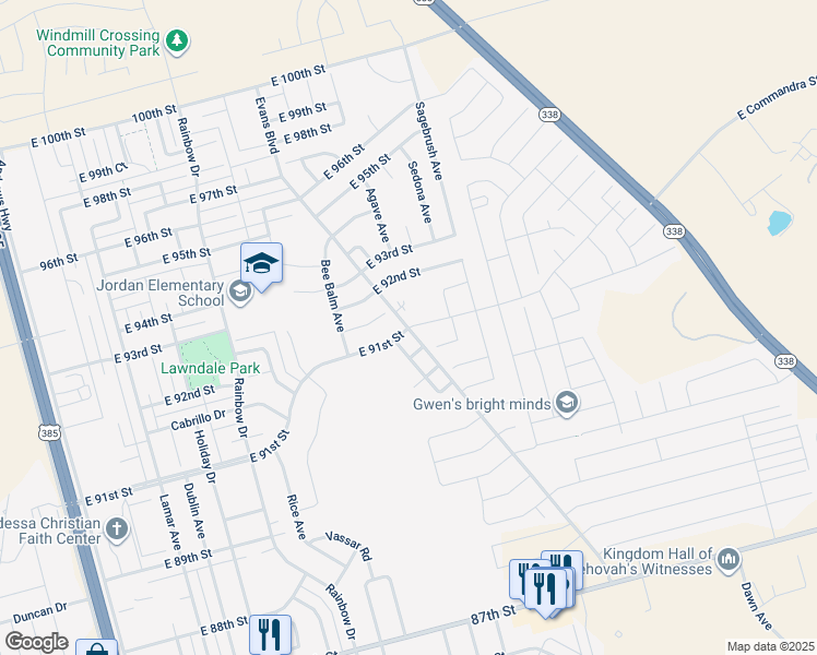 map of restaurants, bars, coffee shops, grocery stores, and more near Evans Boulevard in Odessa