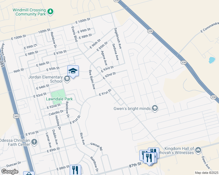 map of restaurants, bars, coffee shops, grocery stores, and more near 814 Brittlebush Court in Odessa
