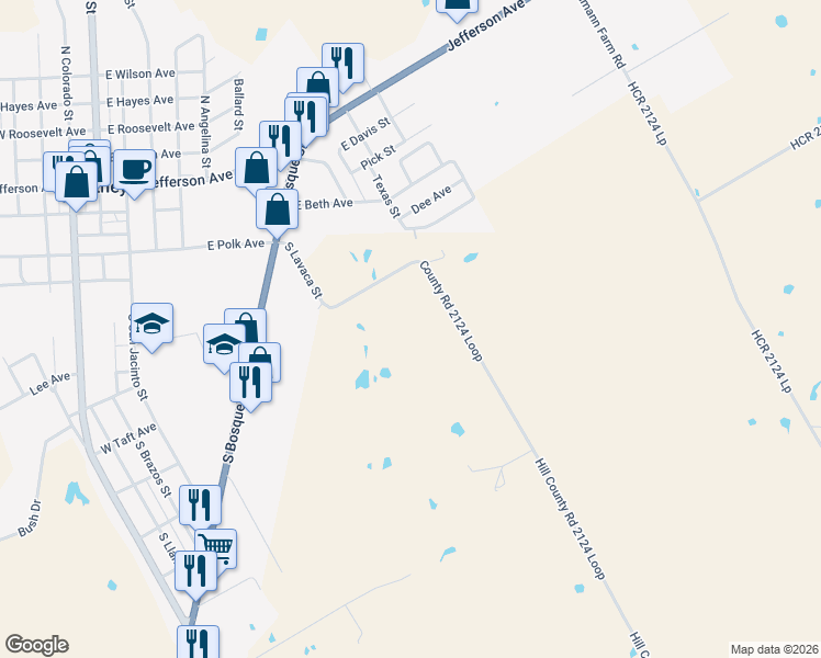 map of restaurants, bars, coffee shops, grocery stores, and more near County Road 2124 Loop in Whitney