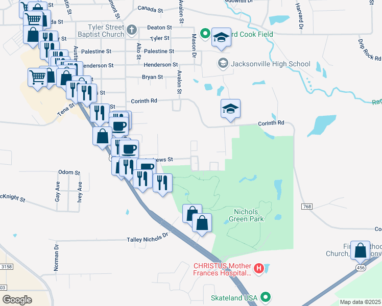 map of restaurants, bars, coffee shops, grocery stores, and more near 1302 Jacksonville Drive in Jacksonville