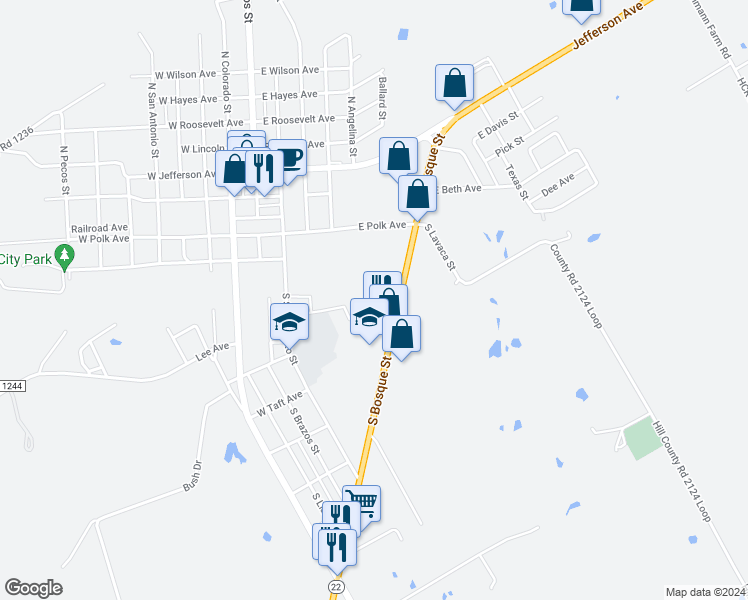 map of restaurants, bars, coffee shops, grocery stores, and more near 306 S Bosque St in Whitney
