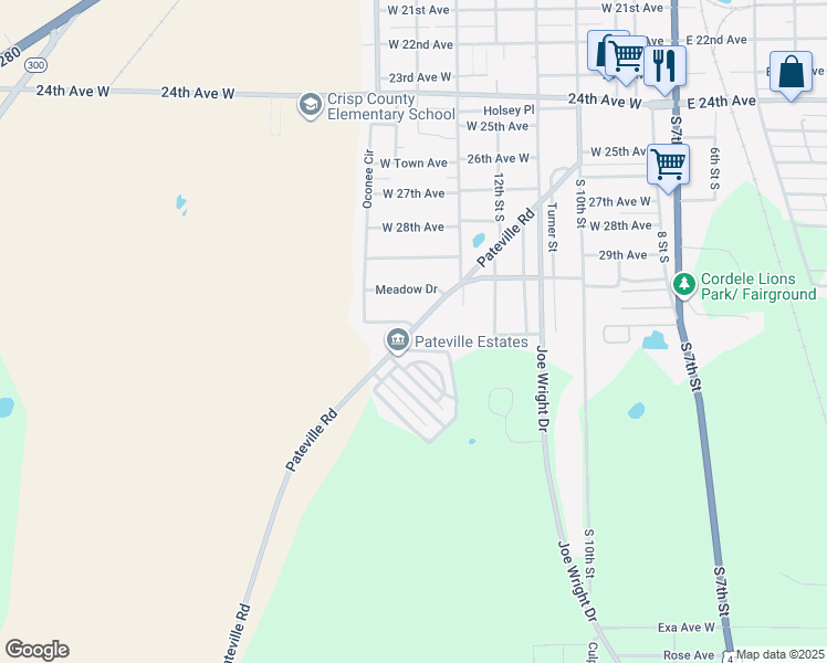 map of restaurants, bars, coffee shops, grocery stores, and more near 2105 Pateville Road in Cordele