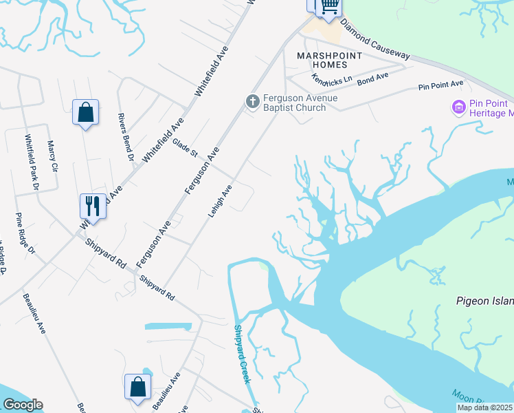 map of restaurants, bars, coffee shops, grocery stores, and more near 122 Full Moon Lane in Savannah