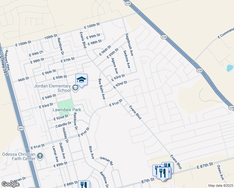 map of restaurants, bars, coffee shops, grocery stores, and more near 1362 Brittlebush Court in Odessa