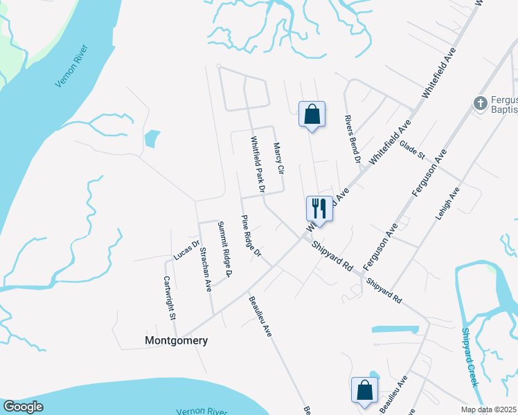 map of restaurants, bars, coffee shops, grocery stores, and more near 1315 Whitfield Park Drive in Savannah