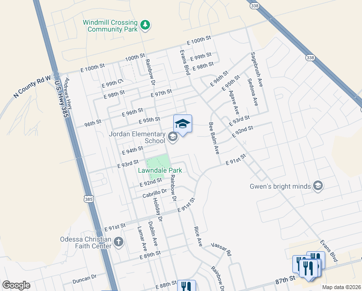 map of restaurants, bars, coffee shops, grocery stores, and more near 9400 Rainbow Drive in Odessa