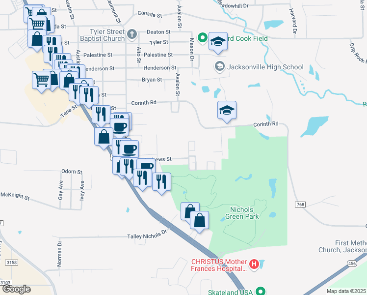 map of restaurants, bars, coffee shops, grocery stores, and more near 1302 Jacksonville Drive in Jacksonville