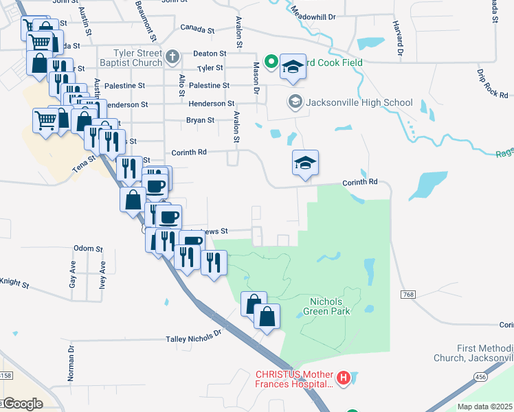 map of restaurants, bars, coffee shops, grocery stores, and more near Jacksonville Drive in Jacksonville