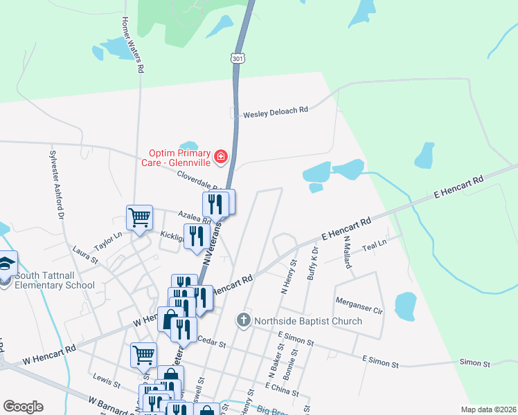 map of restaurants, bars, coffee shops, grocery stores, and more near 17 Waters Street in Glennville
